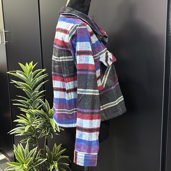 Ashley Wool Blend Rainbow Flannel Plaid,crop outerwear,button-down,chest pocket - Picture 6 of 10